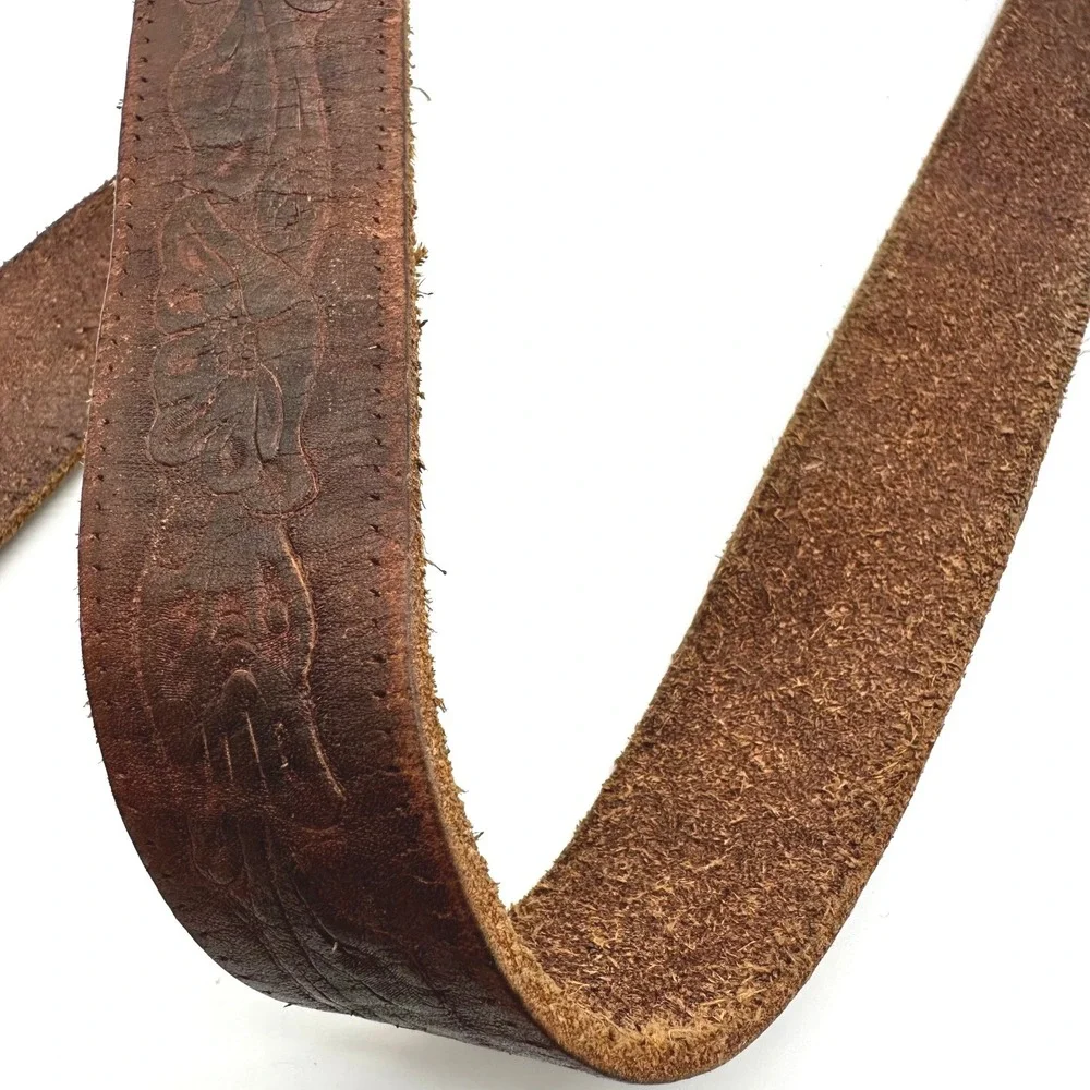 Vintage Western Embossed Leather Cowboy Belt Agate Stone Trophy Buckle Brown 34